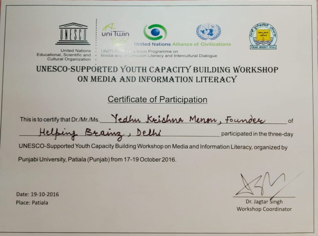 UNESCO's Certificate for MIL-Workshop Participation